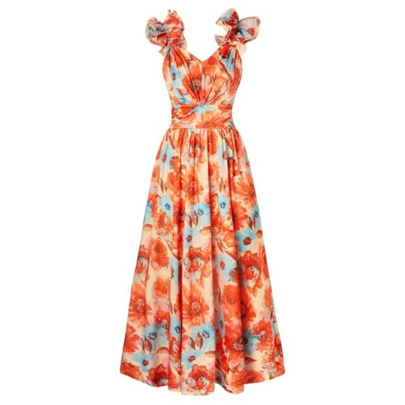 GRACE KARIN Orange Floral Print Dress Ruffles Sleeveless Flowy Sundress (NWT) - Picture 2 of 7